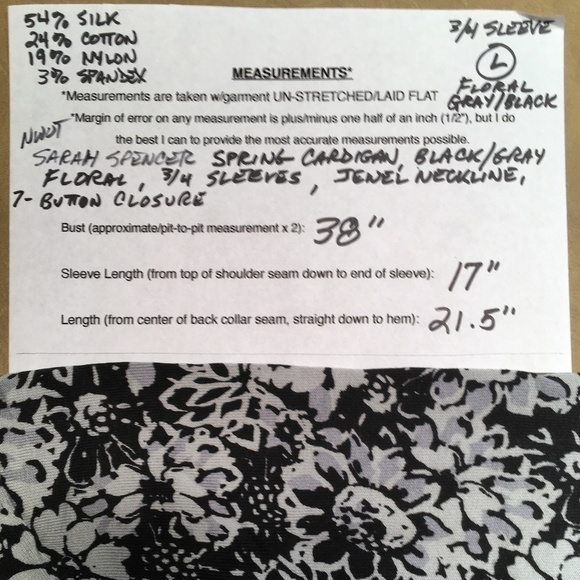 SARAH SPENCER Spring Summer Cardigan, Gray/Black FLORAL, NWOT, Large - Picture 4 of 9
